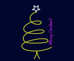 Neon Christmas tree with star, glowing icon. Neon New Year tree silhouette, outline Christmas tree in vivid colors. Festive fir with neon light. Icon set, sign, symbol for UI. Vector illustration