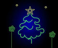 Neon Christmas tree with star, glowing icon. Neon New Year tree silhouette, outline Christmas tree in vivid colors. Festive fir with neon light. Icon set, sign, symbol for UI. Vector illustration