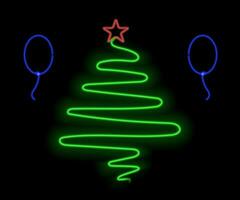 Neon Christmas tree with star, glowing icon. Neon New Year tree silhouette, outline Christmas tree in vivid colors. Festive fir with neon light. Icon set, sign, symbol for UI. Vector illustration