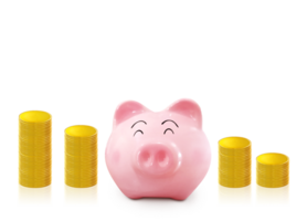 Piggy bank with pile of gold coins PNG transparent