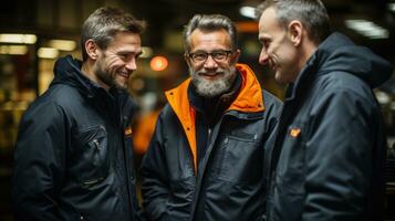 Three men in workwear talking and smiling while standing in a warehouse. photo
