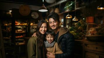 retrato de contento asiático familia en pie juntos en un cafetería. foto