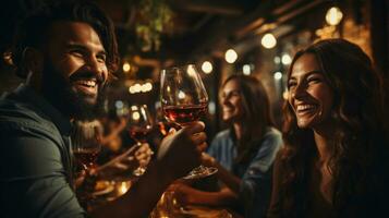 Cheerful friends toasting with glasses of red wine in restaurant. photo