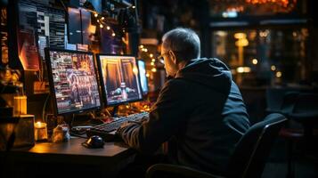 Side view of mature programmer man working on computer at night. photo