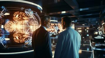 espalda ver de dos empresarios mirando a holograma pantalla. médico tecnología. tecnología médica. foto