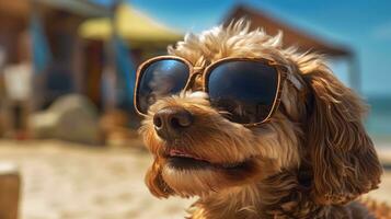 Portrait of cute dog with sunglasses on the beach. AI Generated photo