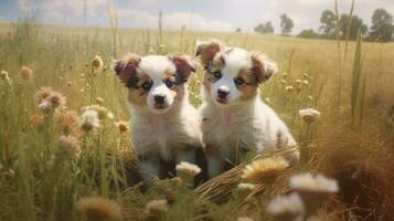 linda cachorros sentado entre flores campo. ai generado foto