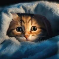 Cute kitten hiding wrapped in a blanket. Generative Ai photo