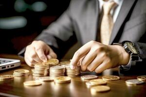 Hands of man counting pile up the gold coins photo