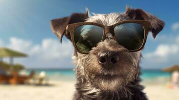 Portrait of Schnauzer dog breed with sunglasses on the beach. AI Generated photo