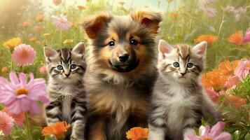 Two kittens and puppy sitting among flowers field. AI Generated photo