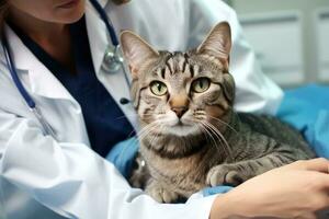 hembra veterinario examinando un gato, veterinario clínica concepto foto