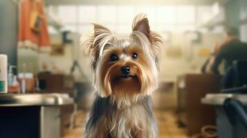 Yorkshire Terrier dog breed sitting in veterinary clinic. AI Generated photo