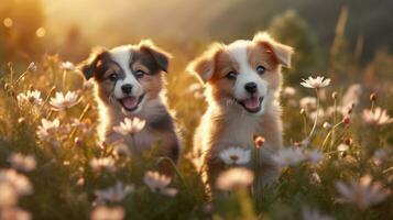 Two puppies sitting among flowers field. AI Generated photo