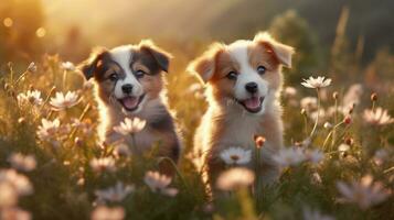 dos cachorros sentado entre flores campo. ai generado foto