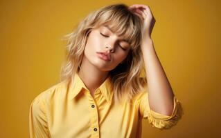 Portrait of a young and beautiful woman with closed eyes wearing a yellow blouse against a yellow background. AI generative photo