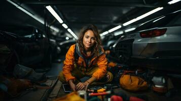 retrato de un hembra mecánico sentado en un coche reparar tienda. foto