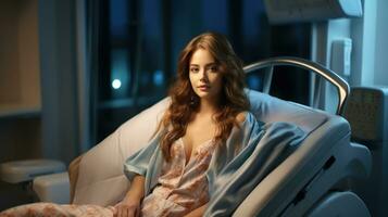 Beautiful young woman in pajamas lying on bed in hospital. photo