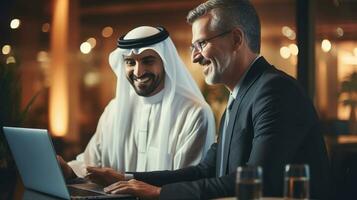 Two businessmen people working and discussing. Arab man and caucasian. photo