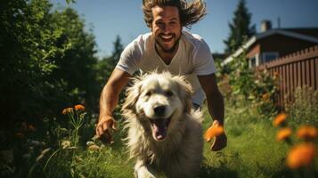 Man playing run and tries to catch his dog in the garden. photo