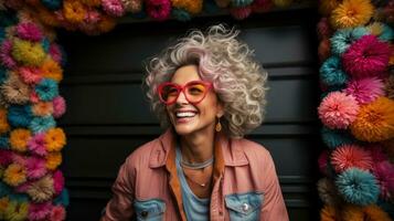 Portrait of a beautiful middle aged woman with curly hair wearing sunglasses and posing in front of flower frame. photo