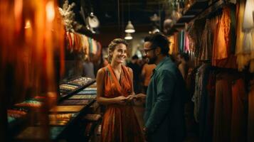 Portrait of a young couple choosing clothes in a clothing store. photo