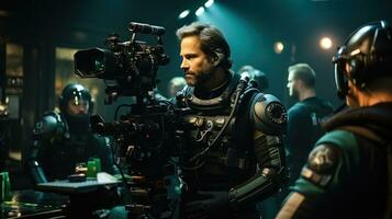 Portrait of a professional videographer working in the video studio. Filming process of high level cinema. photo