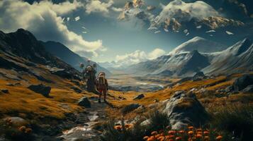 Fantasy landscape with mountains and astronaut on another planet with life. photo