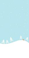 Snow landscape with pine tree and fox childish style vertical vector illustration. Winter Wonderland with snowfall have blank space.