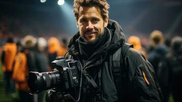 retrato de un profesional fotógrafo en el antecedentes de el estadio. foto