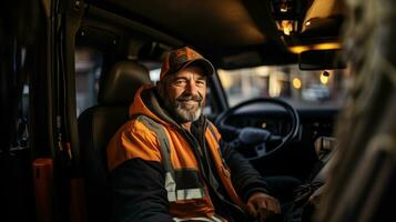 retrato de un mayor hombre en un naranja chaqueta y gorra conducción un camión. foto