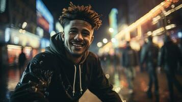 Young handsome afro american man in the city at night smiling happy and cool, lifestyle people concept. photo