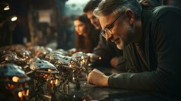 Group of mechanic engineers repairing small robots in the workshop at night. photo