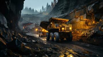 Coal mining in an open pit mine with heavy machinery at night. photo