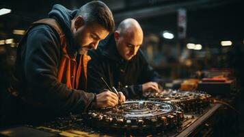 Technicians working in a factory. They are repairing electronic equipment. photo