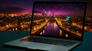 Laptop on a table in front of a city skyline at night. photo