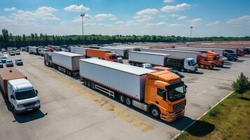 Aerial view of a truck with a container parked in a parking lot. photo