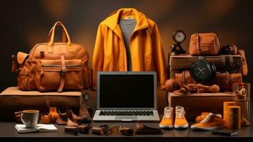 Set of laptop, backpack, shoes, watch and accessories on background. photo