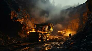 Coal mining in an open pit mine with heavy machinery at night. photo