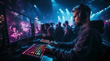 Team of professional esport gamers playing in video games on cyber tournament. photo