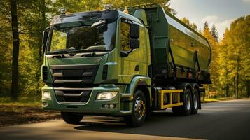 Urban recycling waste services. Green garbage truck. photo