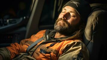 Truck driver bearded man sleeping on seat. Close up portrait. photo