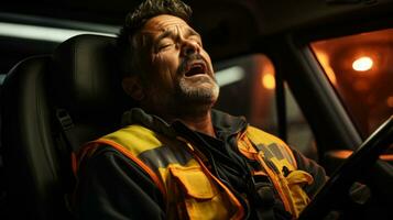 Exhausted driver sleeps and snores in the truck. photo