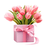 roze geschenk doos met tulpen bloem ai generatief png