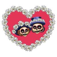 un Pareja de calaveras en sombreros con flores dentro de corazón. vector