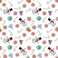 Christmas seamless pattern with snowman, candy canes and snowflakes. vector