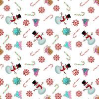 Christmas seamless pattern with snowman, candy canes and snowflakes. vector