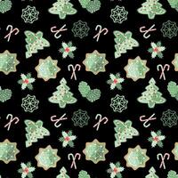 Seamless winter holiday pattern with Christmas decorations on a black background vector