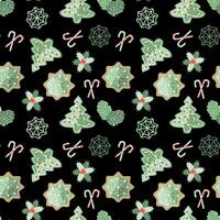 Seamless winter holiday pattern with Christmas decorations on a black background vector