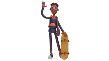 3d illustration. entreprenant Jeune homme 3d dessin animé personnage. Jeune homme porter une planche à roulette. étudiant qui a une loisir de patinage. Beau Jeune homme qui est Aller à patin. 3d dessin animé personnage png